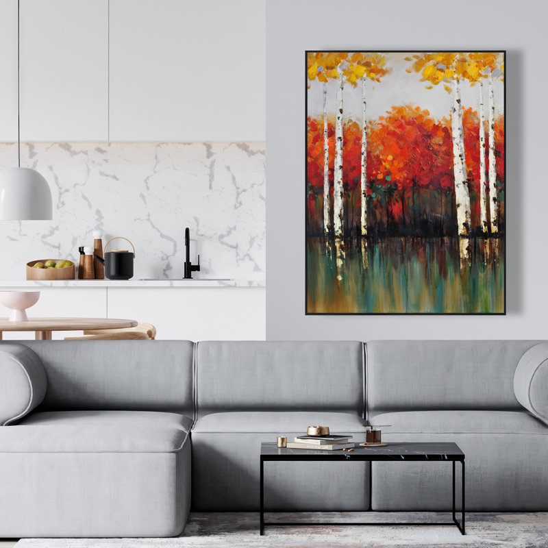 Birches by Fall - Contemporary Trees Framed Canvas Decor