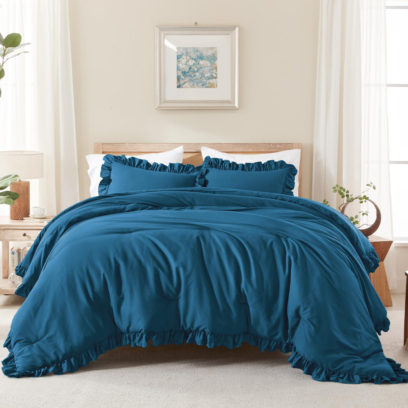 Andency Teal Ruffle Comforter Full (79x90Inch), 3 Pieces(1 Ruffled Comforter and 2 Pillowcases) Solid Farmhouse Bed, Vintage Rustic Soft Microfiber Bedding Set