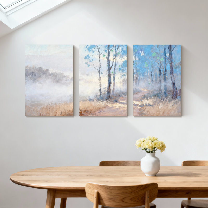Ensemble de 3 impressions sur toile, "Winter forest Misty Forest Path with Tall Trees", H 24 po x l 48 po