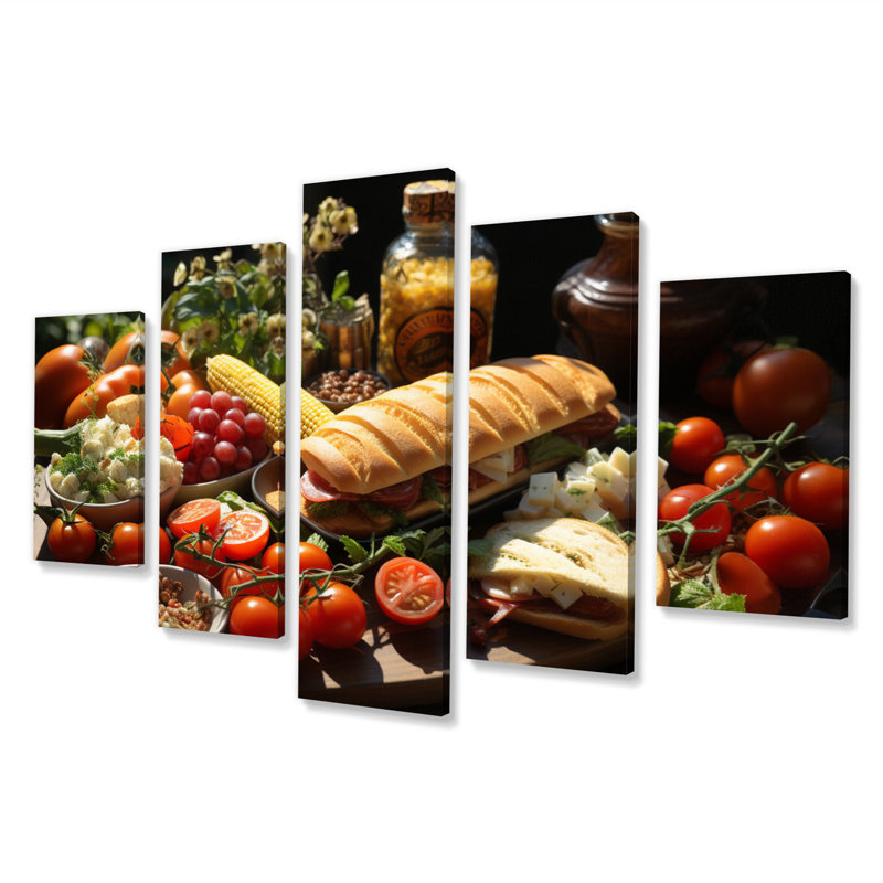 Pique-nique, photographie alimentaire - nourriture et boissons, art mural sur toile - 5 panneaux