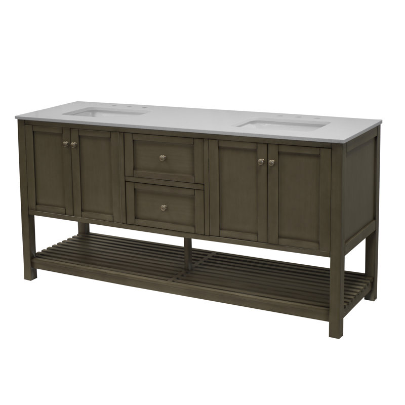 Binne 72'' Double Bathroom Vanity with Top, Weathered Gray, Quartz