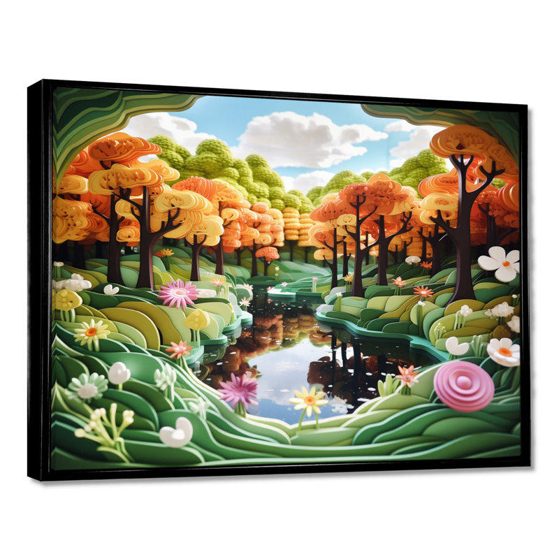 Oranges orange, ciel bleu, rivière de fleurs - fleurs, art mural, H 12 po x l 20 po x P 1 po, Toile avec cadre flottant noir