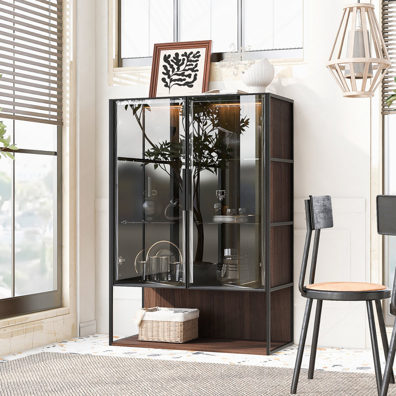 Vitrine lumineuse avec porte en verre trempé et cadre en métal, style minimaliste moderne pour le salon, le bureau et le bureau
