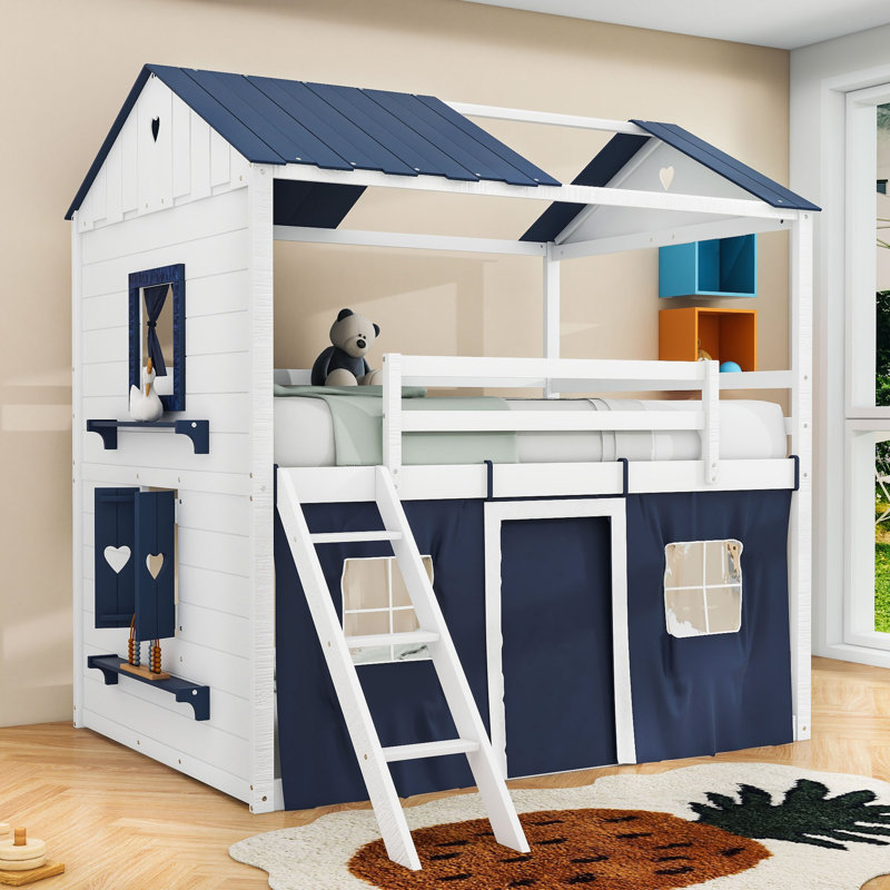 Lit superposé avec échelle, rebord de fenêtre de rangement et conception de maisonnette, Double sur double, Bleu / blanc