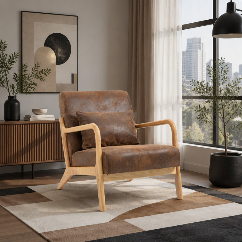 Chaise d'appoint rembourrée avec coussin lombaire Mid-Century, Naturel, Brun antique