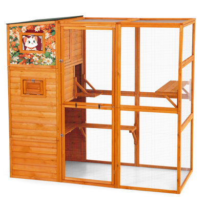 Large 70" H 4 Outdoor Cat Enclosure, Waterproof Roof, 2 Resting Rooms, Platforms, Orange With Colorful Patterns For Exploration And Play Pet Loft Mesh
