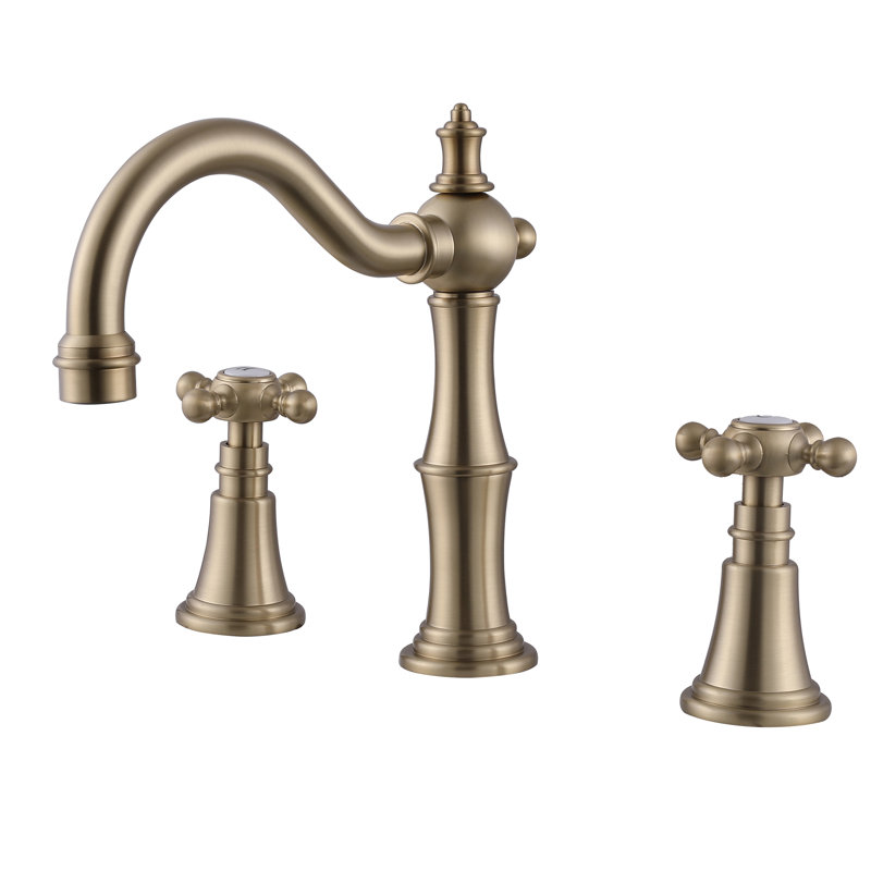 3-Hole Widespread Bathroom Faucet, 6.69" Brass Double Cross Handle Mixer Tap, Brushed Gold