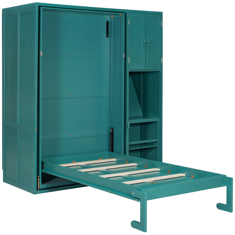 Lit simple bleu sarcelle rotatif avec plan de rangement pour bibliothèque, solution de rangement pour armoire supérieure, surface de travail escamotable et compartiments latéraux à l'ombre, bibliothèque intégrée, boîte dissimulée intégrée, zone extensible