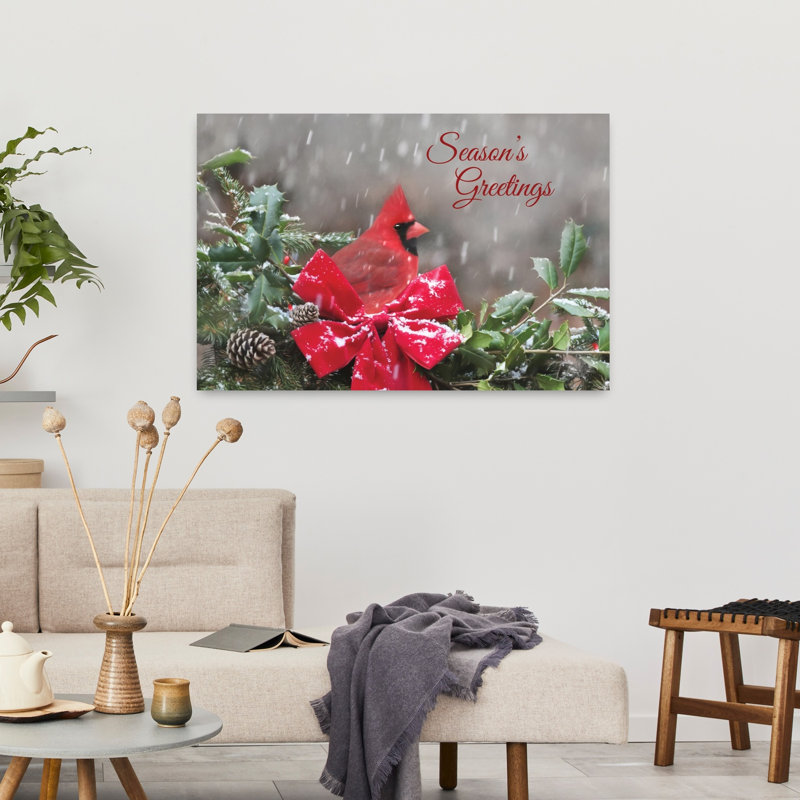 «Season's Greetings», cardinal, art contemporain d'hiver, H 24 po x l 36 po