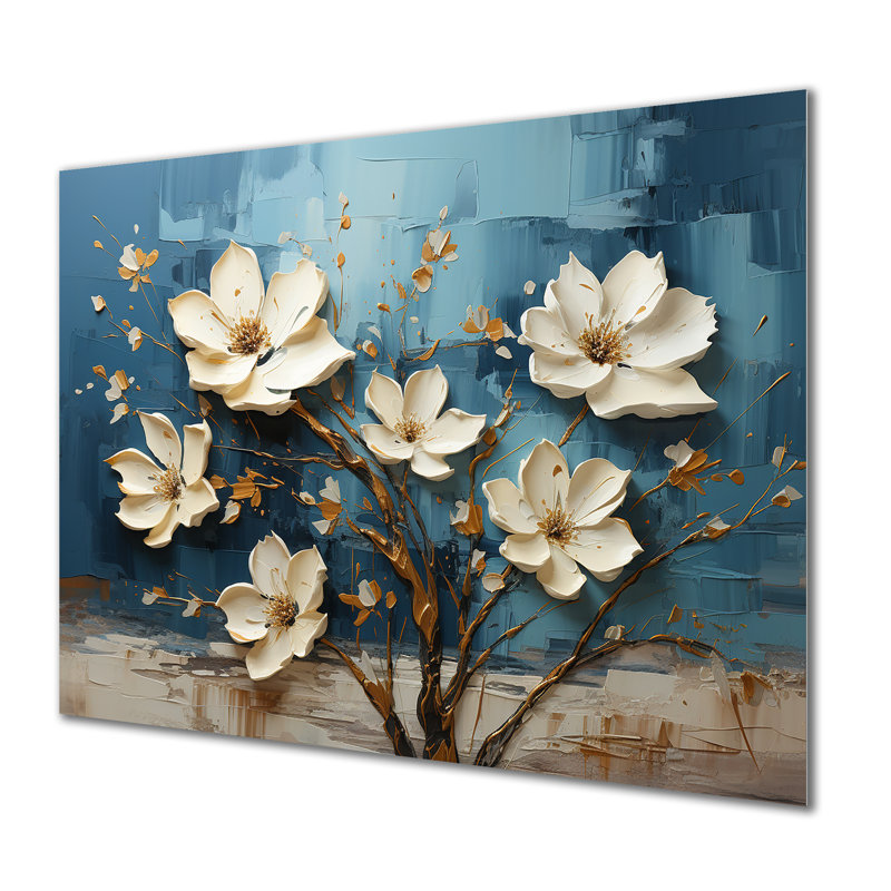 Orchidée bleue et blanche jardin de branches V - Art mural floral abstrait en métal, H 30 po x l 40 po x P 1,5 po