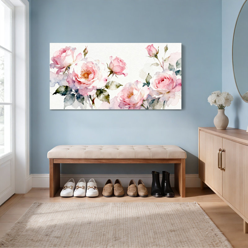 Ensemble de 1 tableau mural floral à l'aquarelle représentant des roses, H 12 po x l 36 po