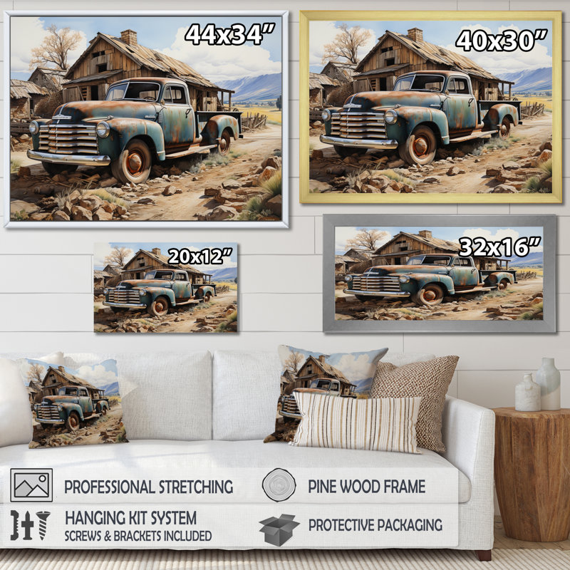 Farm Pickup Truck Elegance - Transportation Wall Decor, H 34 po x l 44 po x P 1,5 po, Cadre flottant noir
