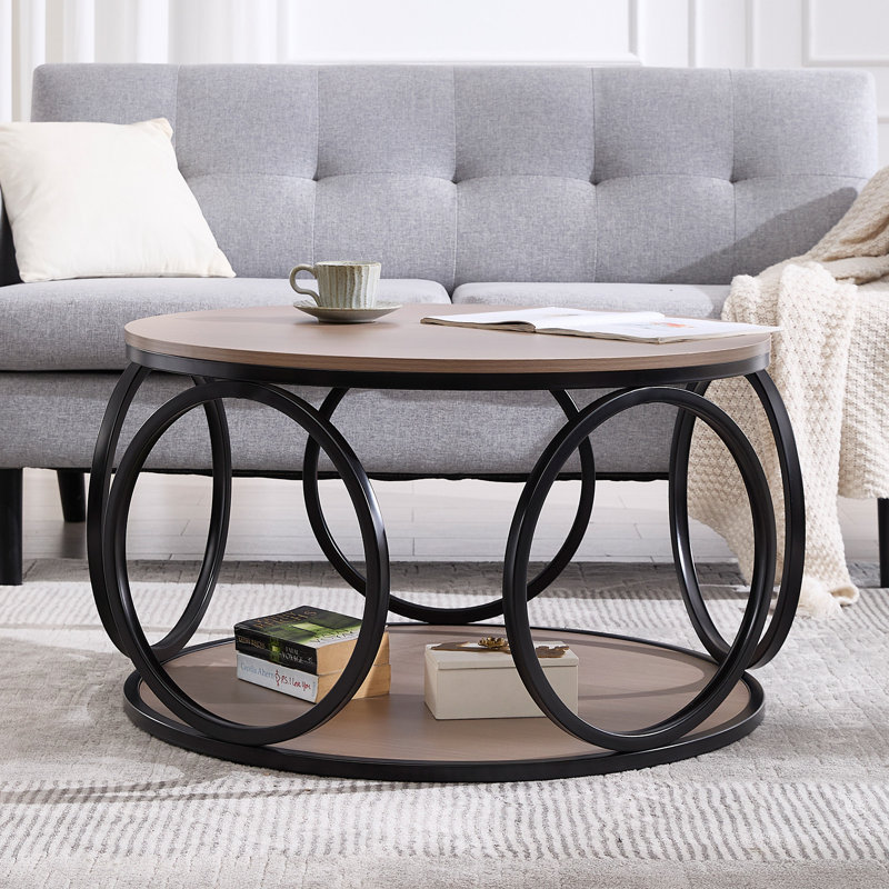 Carnforth 31.5" Round Coffee Table with 2-Tier Storage Shelves, Cream Brown Wood