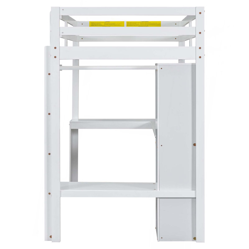 Lit mezzanine avec bureau en L, garde-robe et tablettes de rangement, Lit simple, Blanc