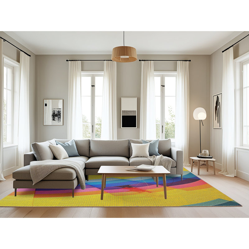 Tapis jaune/bleu/orange à motifs, Rectangle 8 pi x 10 pi