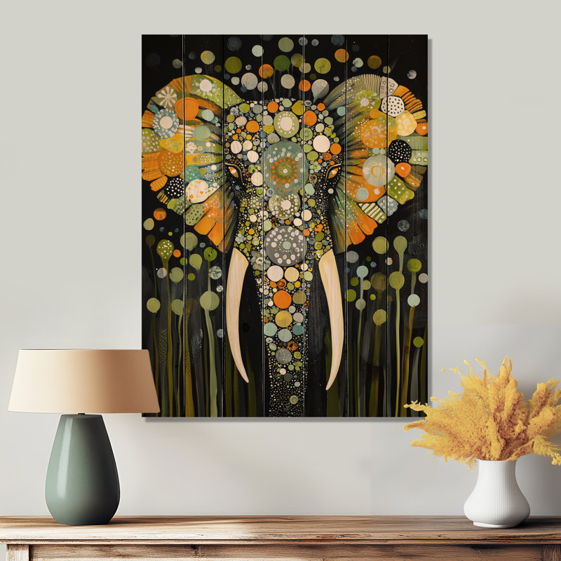 Boho Elephant Collage Portrait II - Art mural moderne en bois sur bois de pin naturel, H 20 po x l 10 po