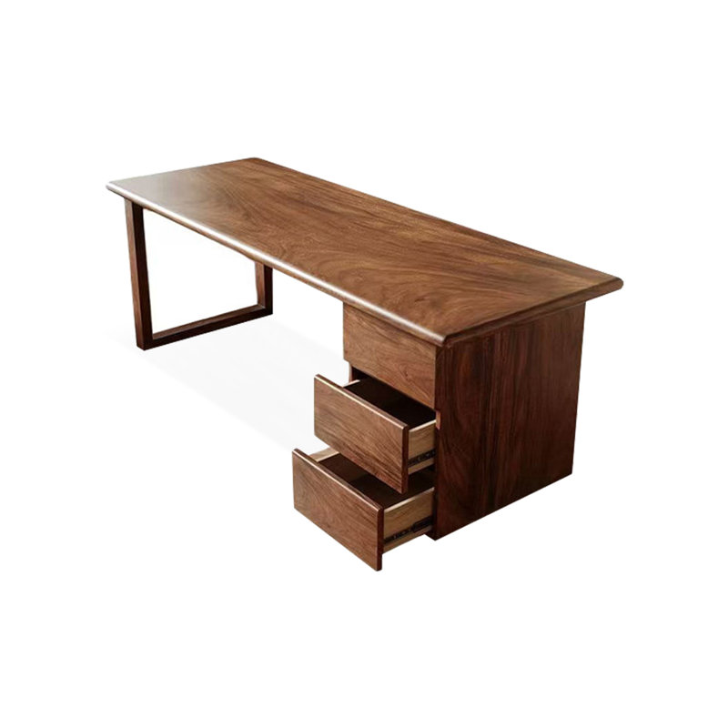 Bureau d'écriture long en bois de noyer massif avec trois tiroirs latéraux à droite, 29.53" H x 55.12" W x 23.62" D
