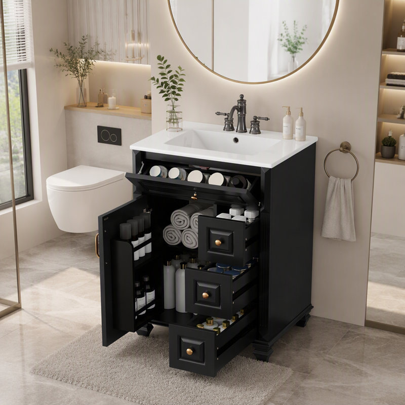 Meuble-lavabo autoportant avec lavabo en céramique, tiroir rabattable et nombreux rangements pour salles de bains modernes.