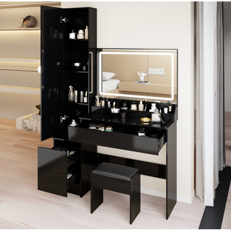 Extra Large LED Mirror Vanity Table + LED Dressing Mirror Cabinet + Cushioned Stool, Double Large LED Mirror, Touch Control, 3-color Switch, Brightness adjustable, Multi-layer High Capacity Storage