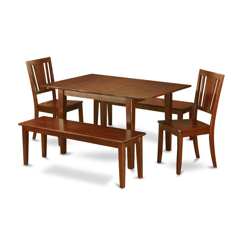 5 Piece Dining Table Set for 4 Includes a Rectangle Kitchen Table with Butterfly Leaf and 2 Dining Chairs with 2 Benches, Mahogany