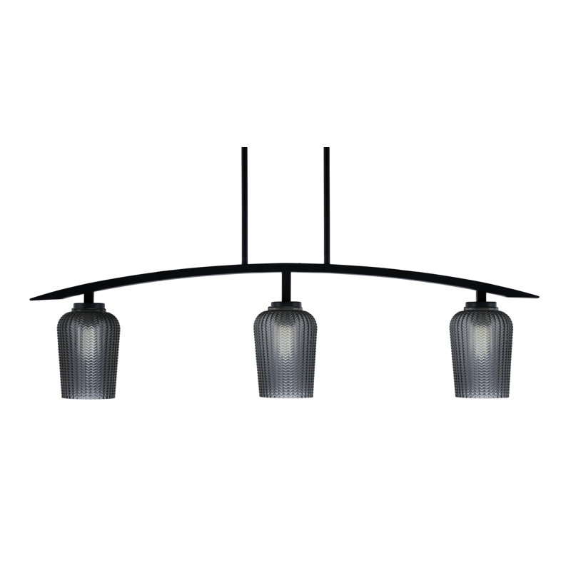 Luminaire pour îlot de cuisine 3 lumières kurve au fini noir mat avec verre texturé fumé de 5 po