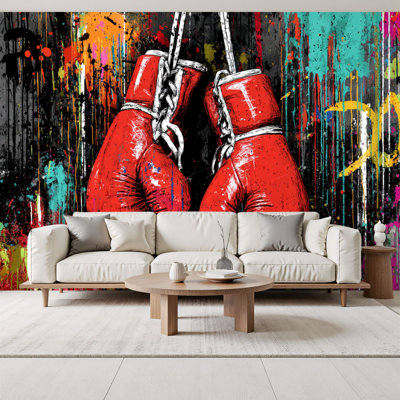 [style] Papier peint auto-adhésif Graffiti Boxing Gants de boxe rouges Gym Sport gants de boxe rouges Murales suspendues H 69 po x l 96 po Papier mural amovible en PVC auto-adhésif pour le salon de la chambre Bureau à domicile