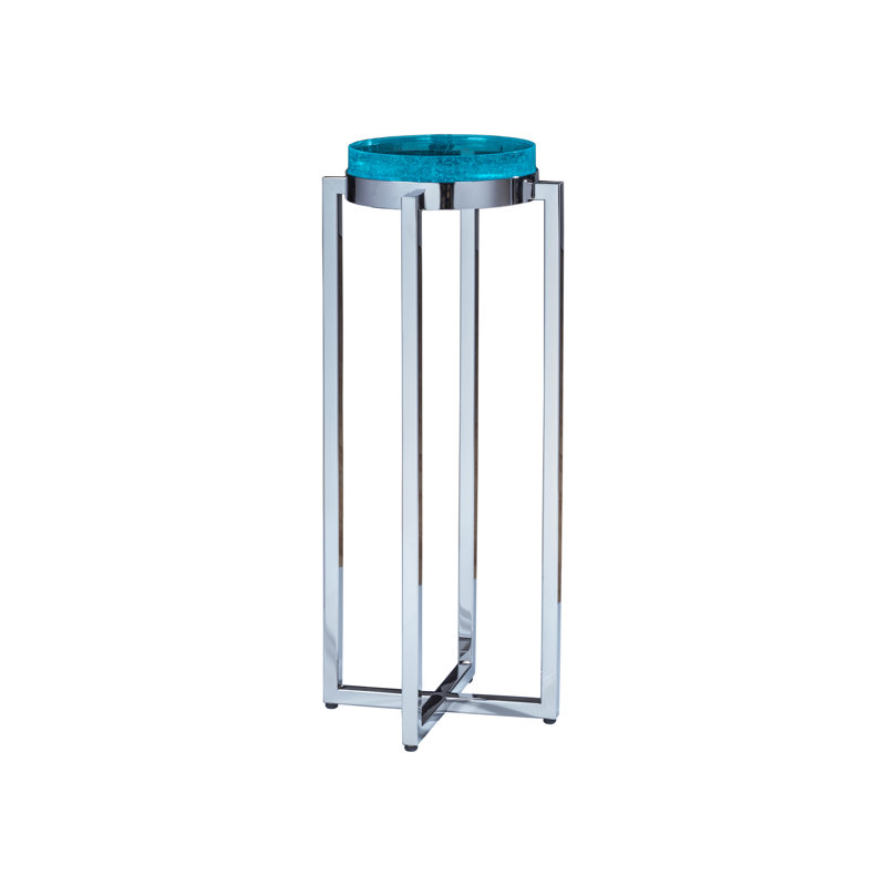 Contemporary Round Blue Glass and Chrome Metal End Table