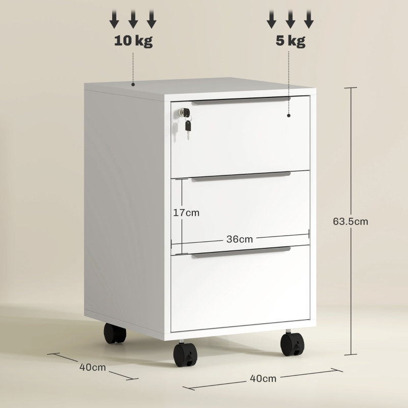 40 cm W 3 -Drawer Wheels / Casters included Mobile Filing Cabinet, White