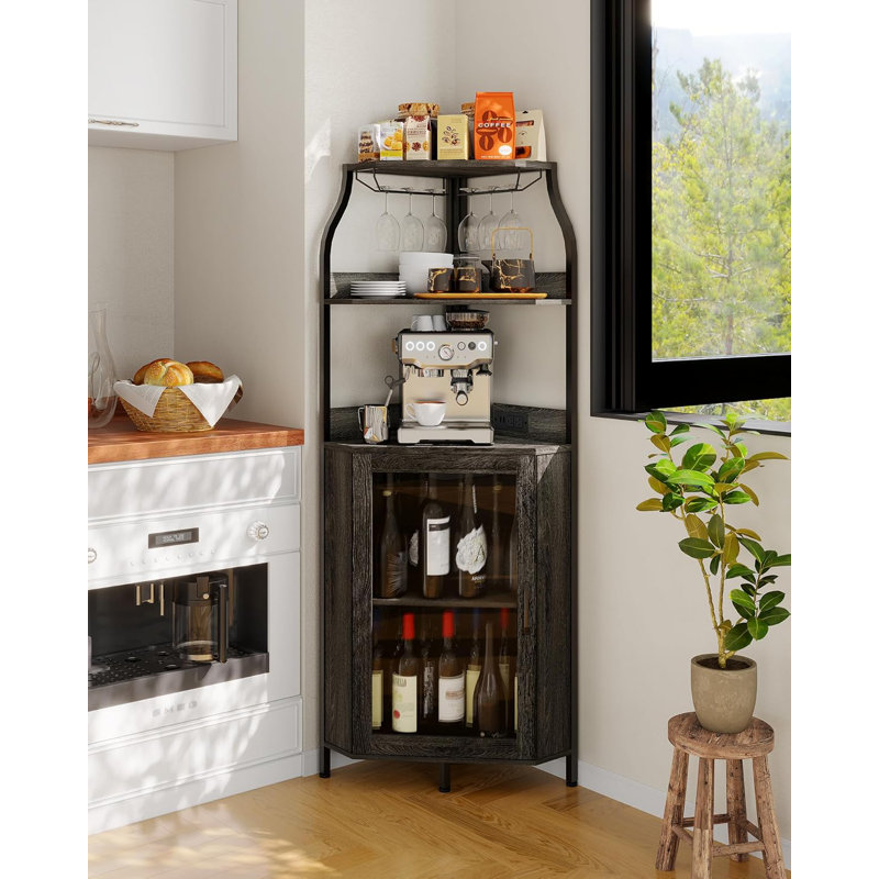 Armoire de bar d'angle avec lumières DEL et prise de courant - Support à vin autoportant avec porte en verre, Noir