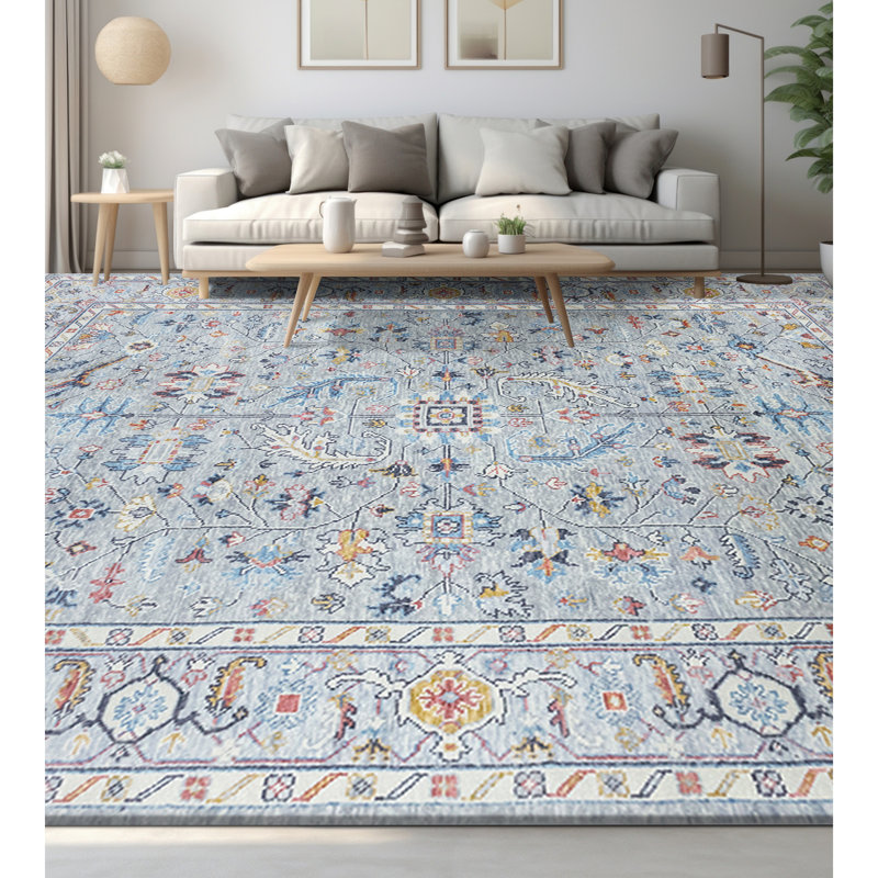 Wool Floral Area Rug in Blue/Orange, Rectangle 9' x 12'
