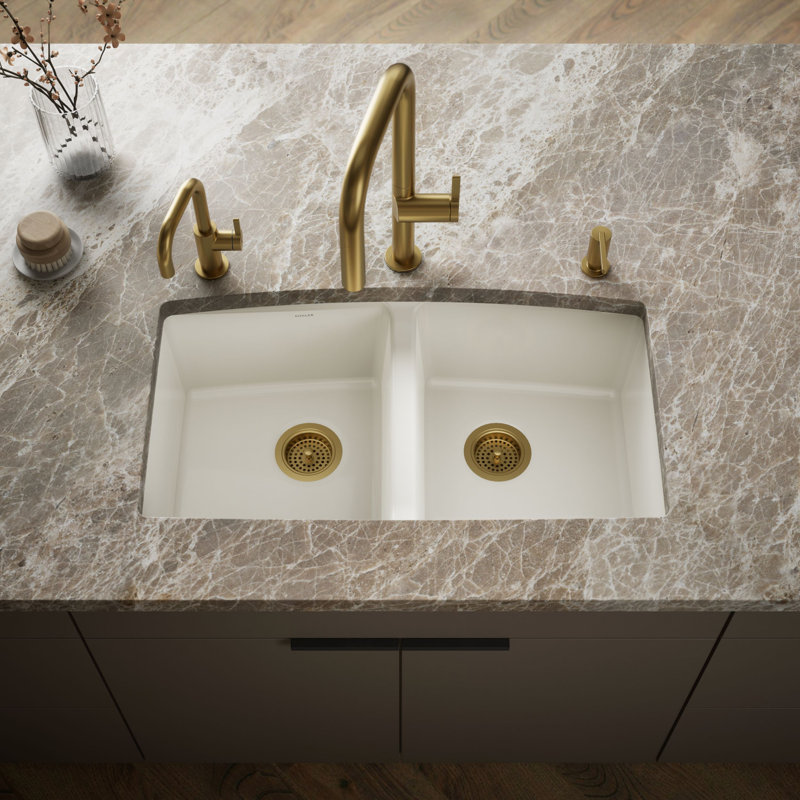 Brookfield 33" L x 22" W x 9-5/8" Under-Mount Double-Equal Kitchen Sink, Biscuit