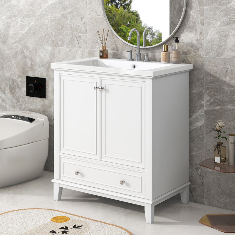 Ensemble de meuble-lavabo sur pied simple 30 po avec plateau en céramique Issachar, Ensemble central de 4 po, Gris