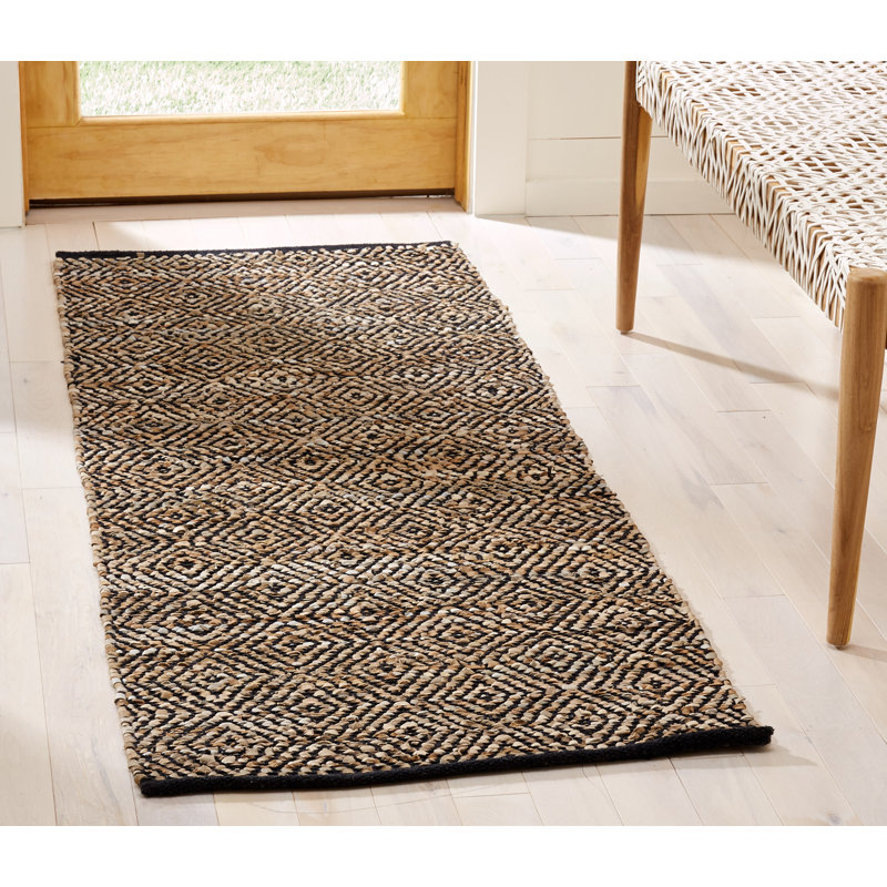 Adero Hand Woven Leather/Cotton Geometric Rug in Brown, Runner 2'3" x 6'