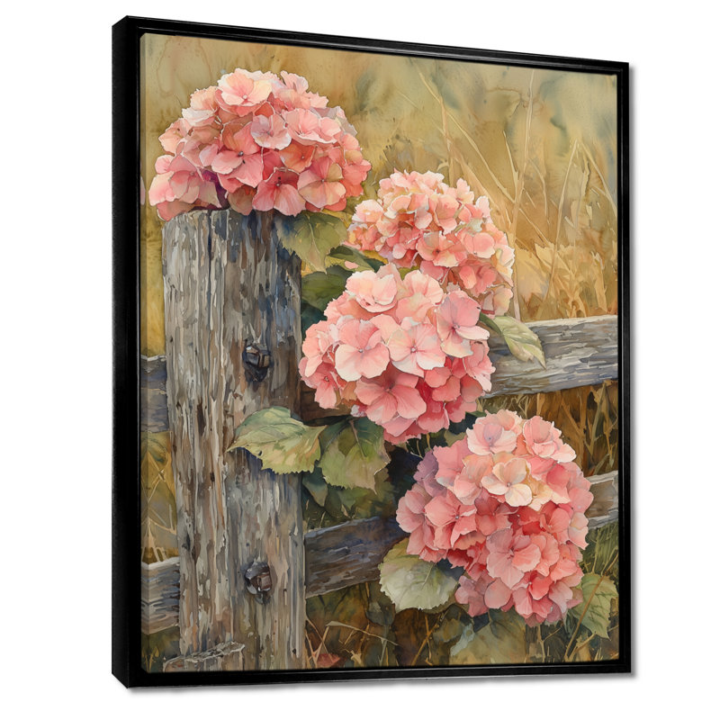 Farm Hydrangeas By The Fence I - Hydrangea, reproduction d'art sur toile, Noir, Reproduction avec cadre flottant