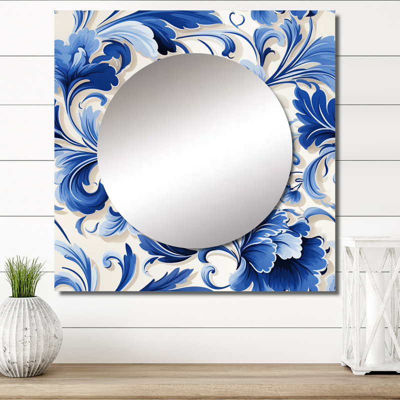 Majestic Cobalt Scrolls Victorian Pattern - Floral Square Mirror For Wall Art Decor, 29" x 29"
