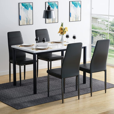 Modern Style 5-Piece Faux Marble Top Dining Table Set With 4 Faux Leather Upholstered Dining Chairs -  Latitude Run®, 941A6A51AA4749DB8EE3F76627FC624E
