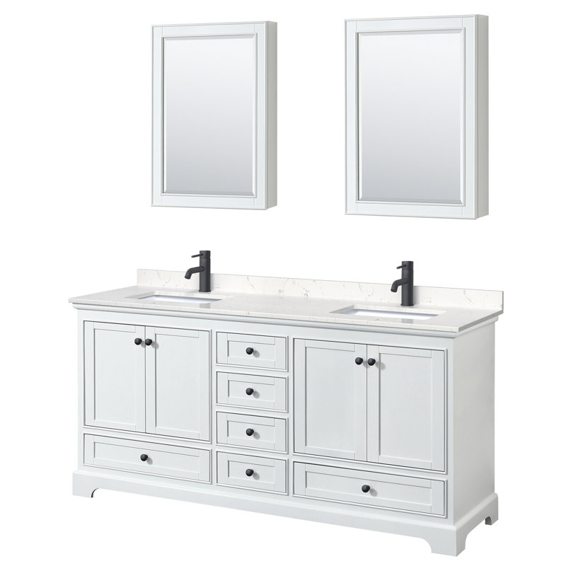 Ensemble de meuble-lavabo double 72 "avec miroir Deborah, Marbre de culture de Carrare, Blanc, Or brossé