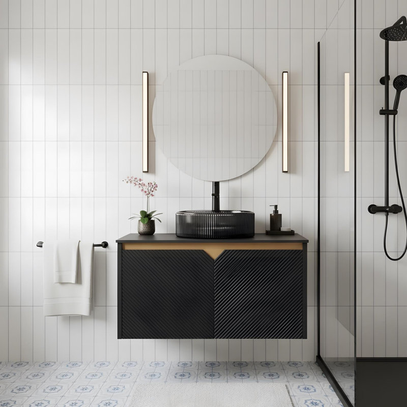 Meuble-lavabo de salle de bain 30 po à double porte en sergé avec garniture en métal et lavabo rond en verre noir transparent
