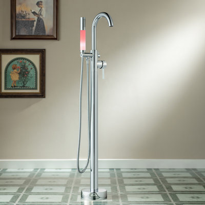 WOODBRIDGE Contemporary Single Handle Floor Mount Freestanding Tub Filler Faucet With Integrated LED Color-Changing Spray Head