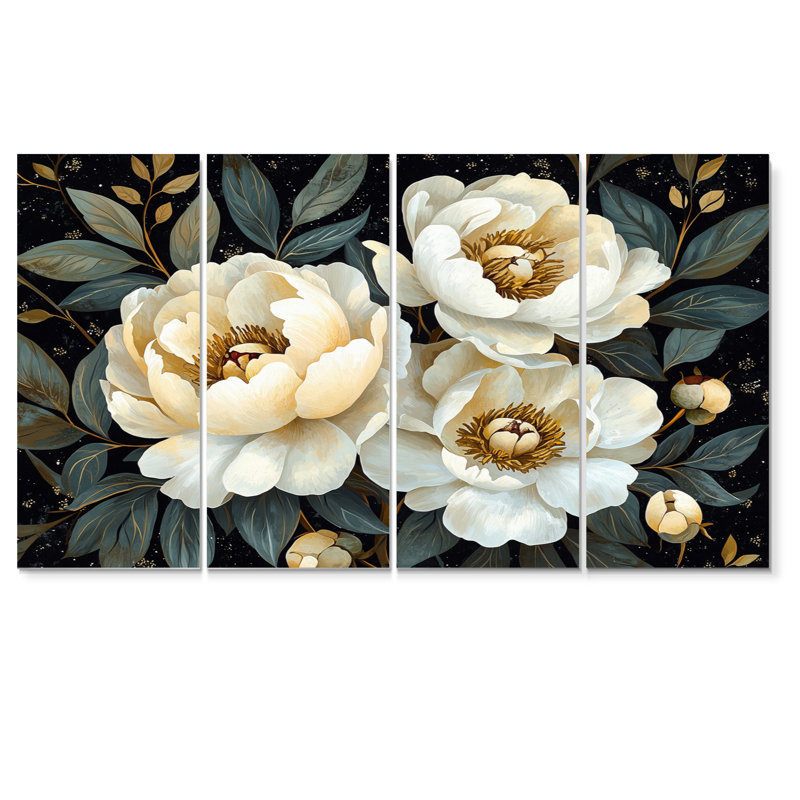 Noir noir blanc minuit Peonis I - art mural blanc - ensemble d'art mural traditionnel, H 28 po x l 48 po, 4
