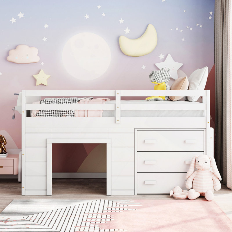Lit mezzanine simple avec armoire et tablette, Blanc