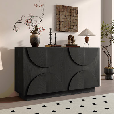 Grande armoire de rangement en bois à 4 portes avec poignées semi-circulaires et tablettes réglables pour la salle à manger, la cuisine et le salon