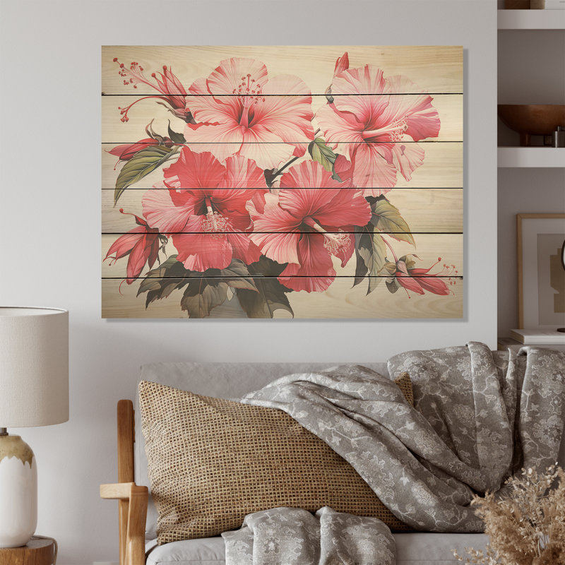 Pink Hibiscus Minimalism Dream I - Hibiscus Wood Wall Art On Natural Pine Wood, 30" H x 40" W