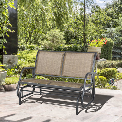 2 Outdoor Swing Glider Bench, Patio Double Rocking Chair . Mixed Brown With Powder Coated Steel. Comfortable Sling Fabric, Water- & -. Supports 440 Lbs. Smooth Mechanism. Versatile For Garden, Porch.