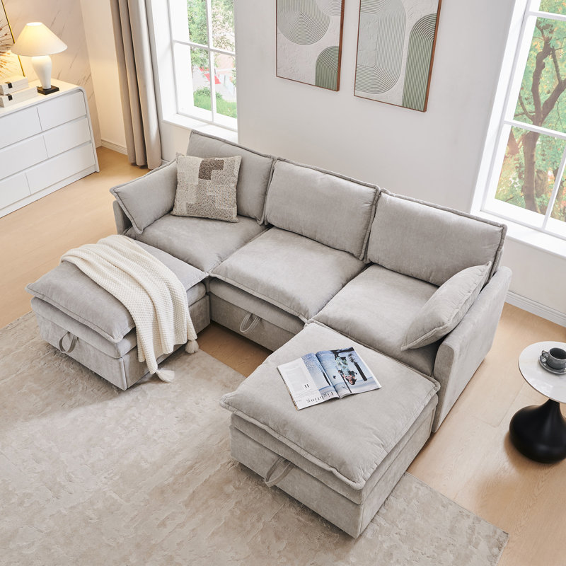 Canapé modulaire de 86 po avec grand espace de rangement, canapé modulaire en U en chenille avec repose-pieds, avec coussins de siège profonds et coussins décoratifs