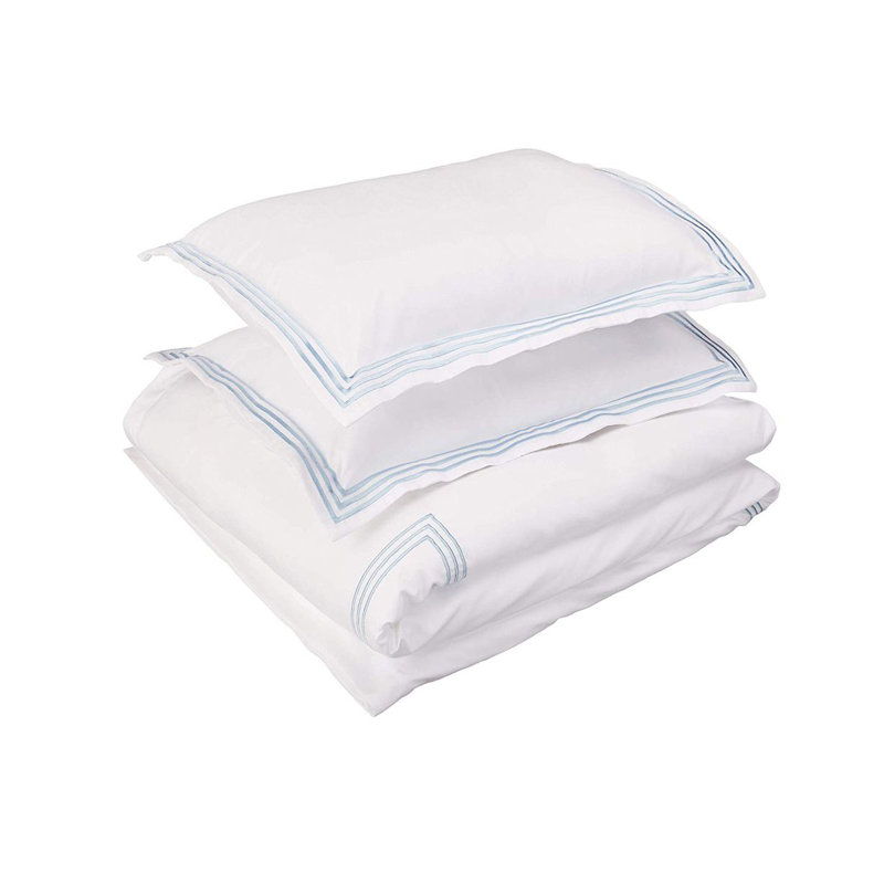 400TC Cotton Triple Embroidery Sateen Solid Duvet Cover Set, Oversized King Duvet Cover, White/Light Blue