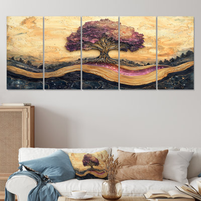 Arbre de vie bourgogne sur pierre, rivière I - art mural arbre de vie - art mural traditionnel pour le salon, 5 pièces