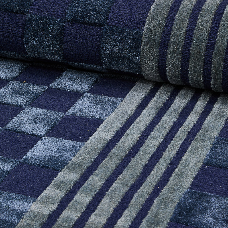 Navy Blue Tonal Check Rug, Rectangle 5' x 8'
