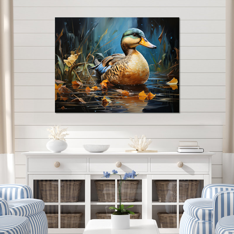 Canard bleu baroque élégance III - Art mural animaux de canard, Cadre d'angle fermé noir, H 30 po x l 40 po x P 1,5 po