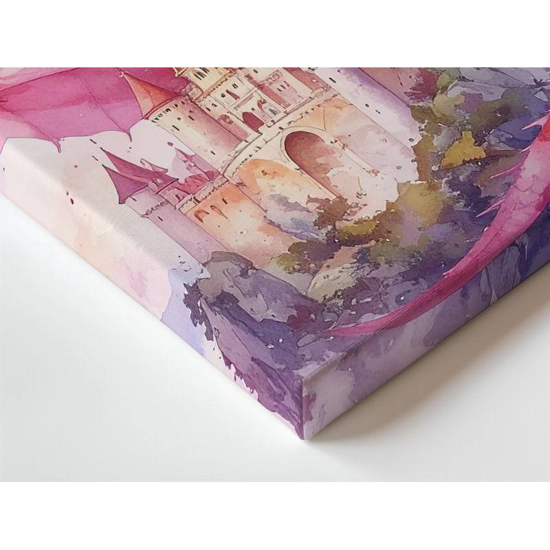 Toile, aquarelle, dragon et château, fantaisie fantaisiste, art mural, H 9 po x l 12 po
